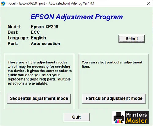 Epson XP-208 Resetter Adjustment Program