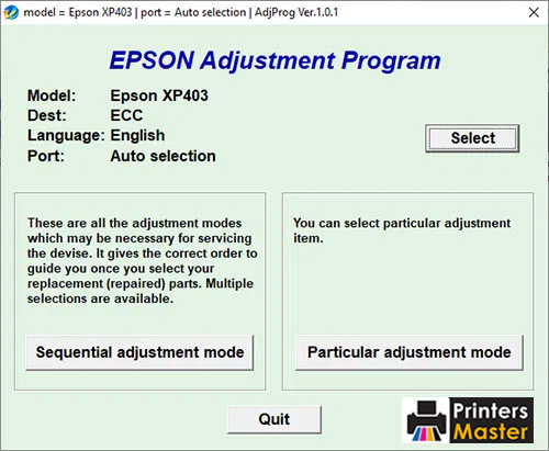 Epson XP-403 Resetter Adjustment Program