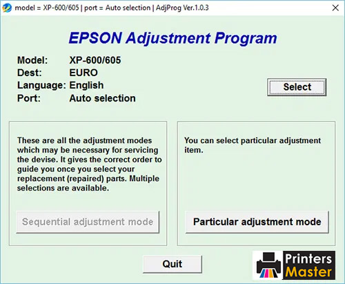 Epson XP-600 Resetter Adjustment Program