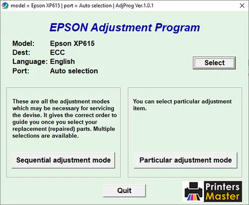 Epson XP-615 Resetter Adjustment Program