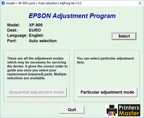 Epson XP-800 Resetter Adjustment Program