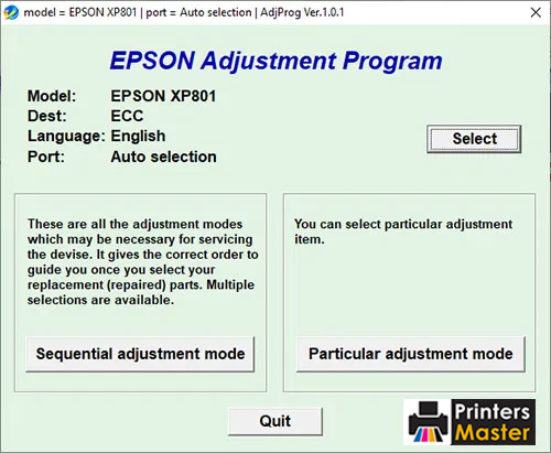 Epson XP-801 Resetter Adjustment Program