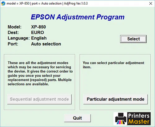 Epson XP-850 Resetter Adjustment Program